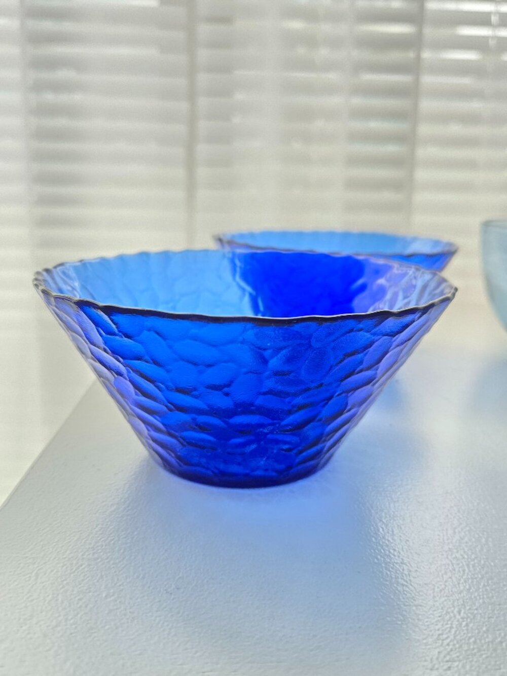 Pair of Cobalt Blue Arcoroc Textured Glass Bowl Set 2 Sapphire Side Bowl, France